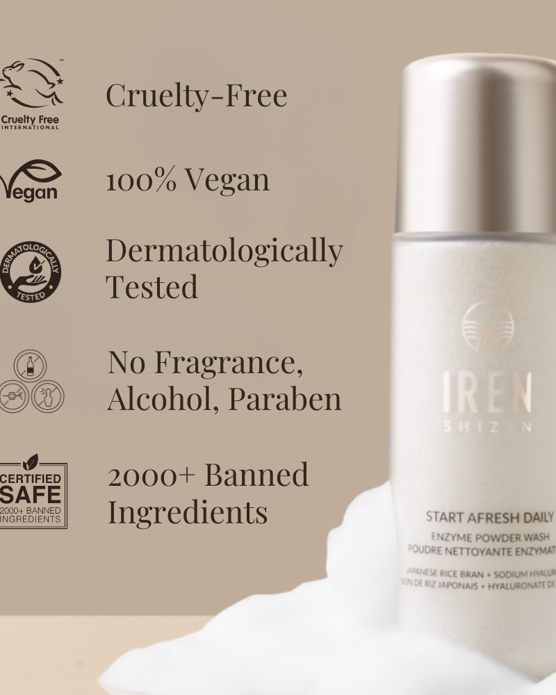 IREN Shizen START AFRESH DAILY Enzyme Powder Wash bottle on a beige background, featuring text: cruelty-free, vegan, dermatologically tested, free from fragrance/alcohol/paraben, 2000+ banned ingredients. Powered by gentle rice enzyme cleanser.