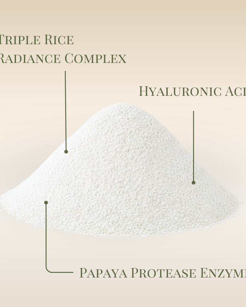 IREN Shizen's START AFRESH DAILY Enzyme Powder Wash is a gentle, waterless white powder with Triple Rice Radiance Complex, Hyaluronic Acid, and Papaya Protease Enzyme—an exfoliator inspired by rice enzyme cleansers.
