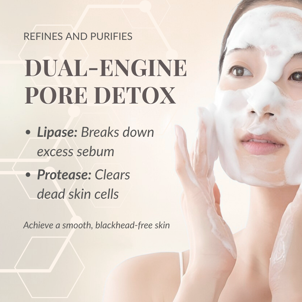 A woman uses IREN Shizen’s START AFRESH DAILY Enzyme Powder Wash—a dual-enzyme cleanser with lipase and protease for smoother, clearer, blackhead-free skin.