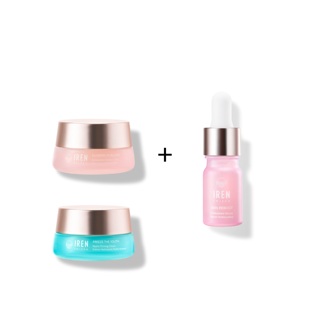 The MOCHI SKIN Instant Glow Travel Set by Fast Bundle includes two jars (pink and blue) and a pink dropper bottle, each with metallic gold caps, shown on a white background.