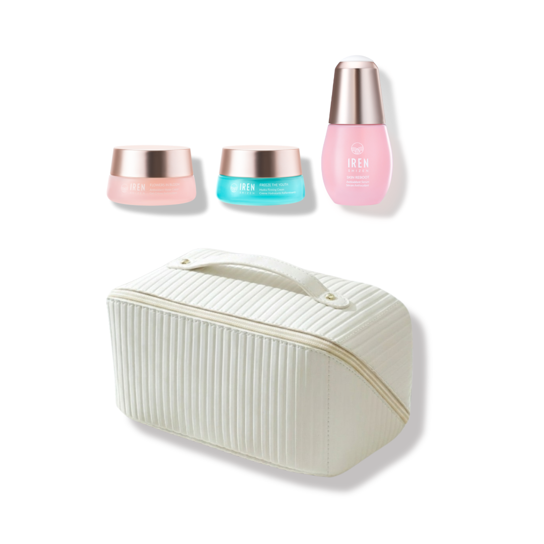 The MOCHI SKIN Instant Glow Travel Set by Fast Bundle features a white textured cosmetic bag with handle, shown below three skincare products in pastel pink and blue jars and a pink bottle, all with metallic lids.