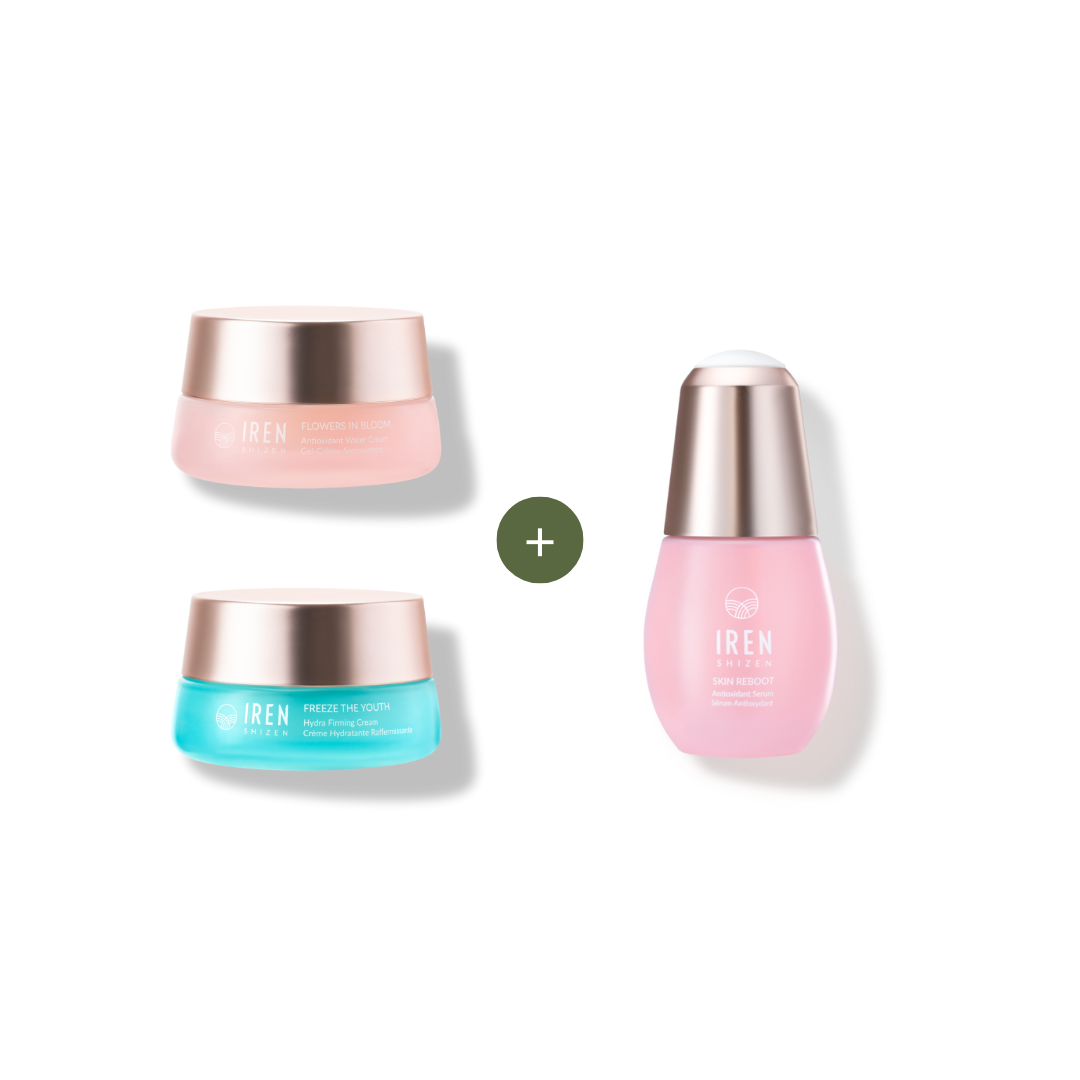 Two jars and one pink serum bottle from the Fast Bundle MOCHI SKIN Instant Glow Travel Set are arranged with plus signs between them on a white background.