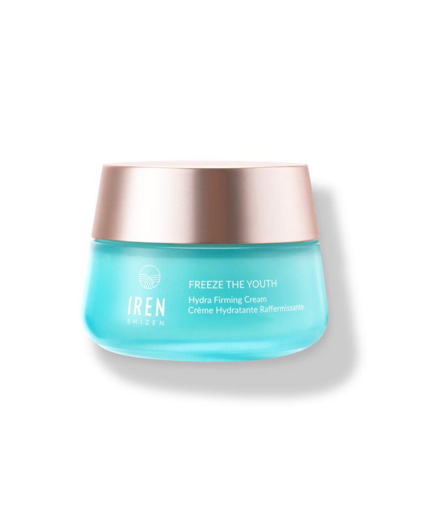 A jar of IREN Shizen FREEZE THE YOUTH Hydra Firming Cream on a white background.