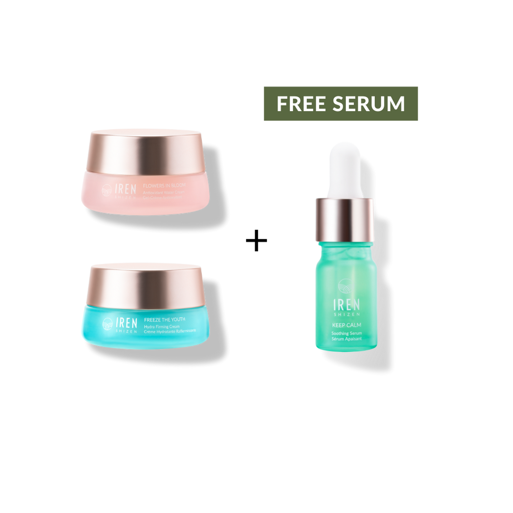 Three IREN Shizen MOCHI SKIN Instant Glow Travel Sets displayed on a plain background, featuring two pink and aqua moisturizer jars and a green serum bottle with a dropper, labeled "Instant Glow.