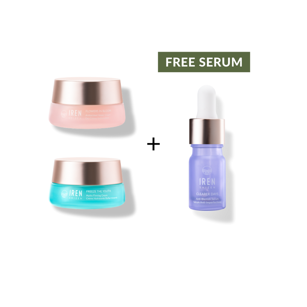 Two MOCHI SKIN Instant Glow Travel Set jars and a dropper bottle labeled "free serum," with text highlighting products for hydration and youth, on a plain background, designed for an instant glow. Brand: IREN Shizen