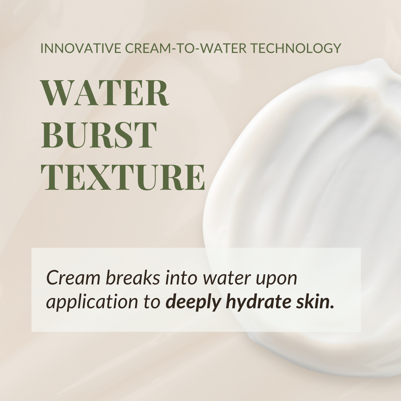 Promotional image for IREN Shizen's FLOWERS IN BLOOM Antioxidant Water Cream featuring text about innovative cream-to-water technology for hydration with a close-up of the cream on a watery surface. #show-lang-eng #all-groups