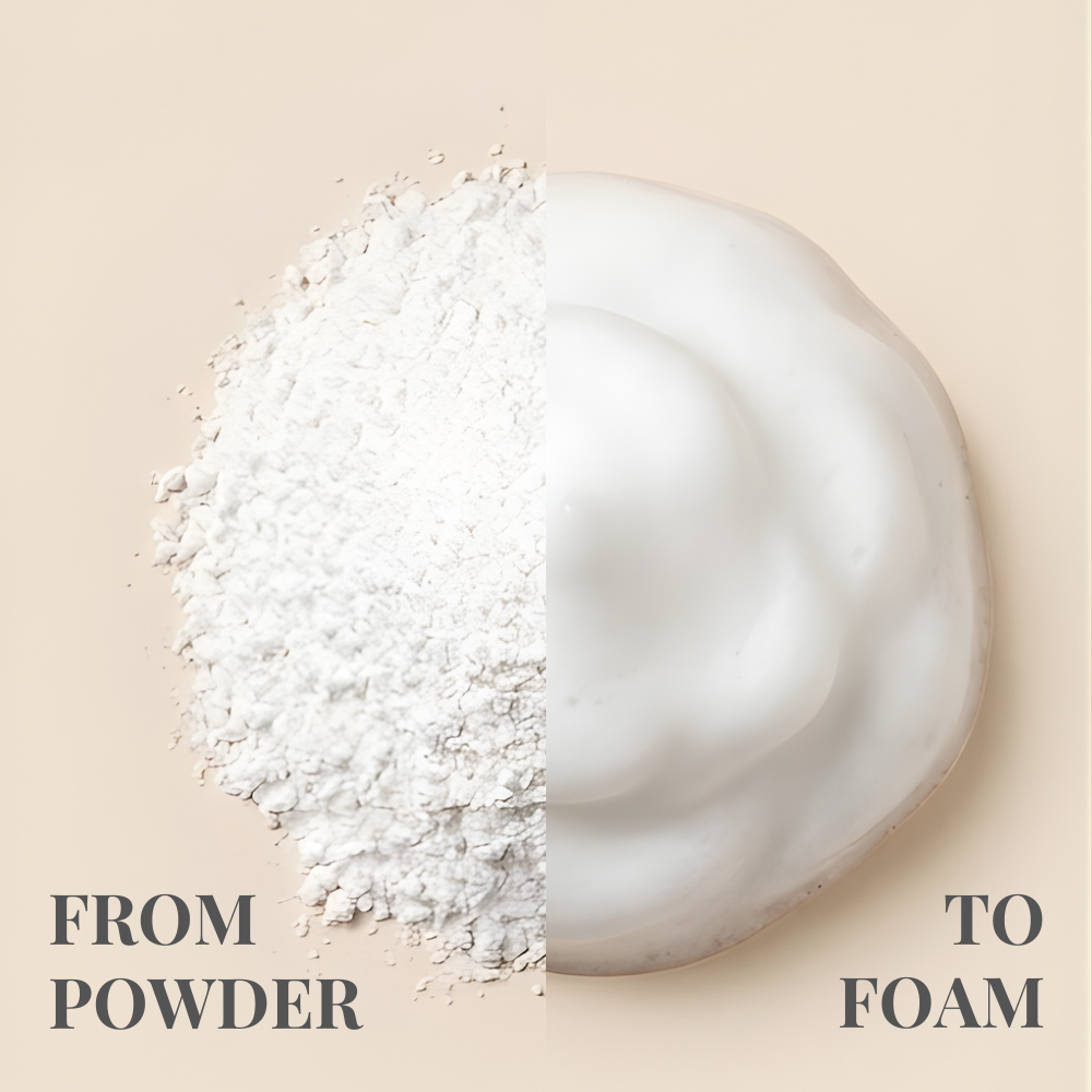 A mound of START AFRESH DAILY Enzyme Powder Wash by IREN Shizen becomes white foam, labeled "FROM POWDER" on the left and "TO FOAM" on the right, showing this gentle daily exfoliator transform in action.
