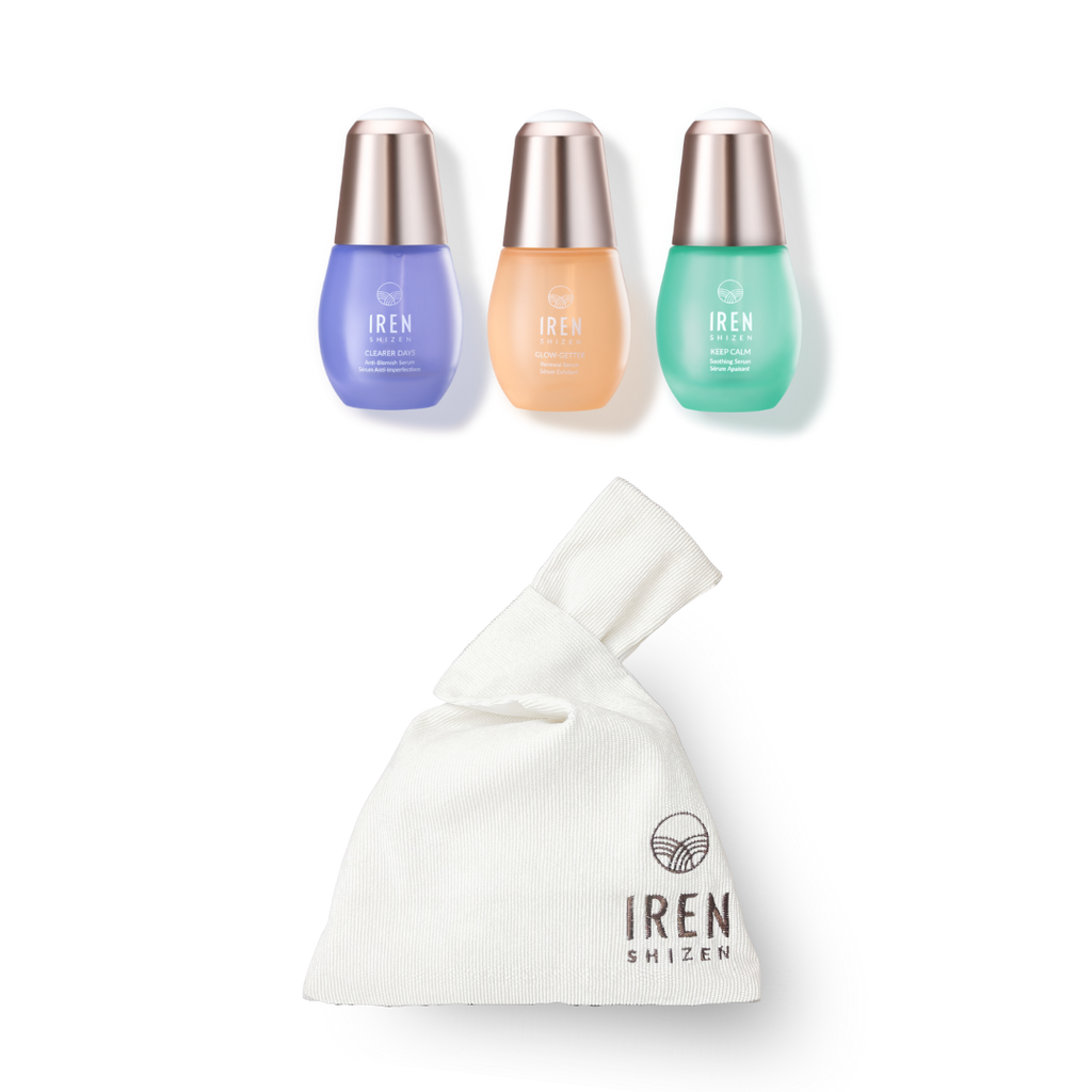 IREN Shizen CLEAR UP Anti-Blemish Set with three bottles and a bag, featuring customized Japanese skincare.