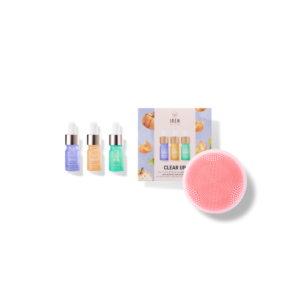 A customizable set of IREN Shizen PRO MINI sSkin Genie Pro + Discovery Kit with a pink bottle and a white bottle, perfect for a spa day.