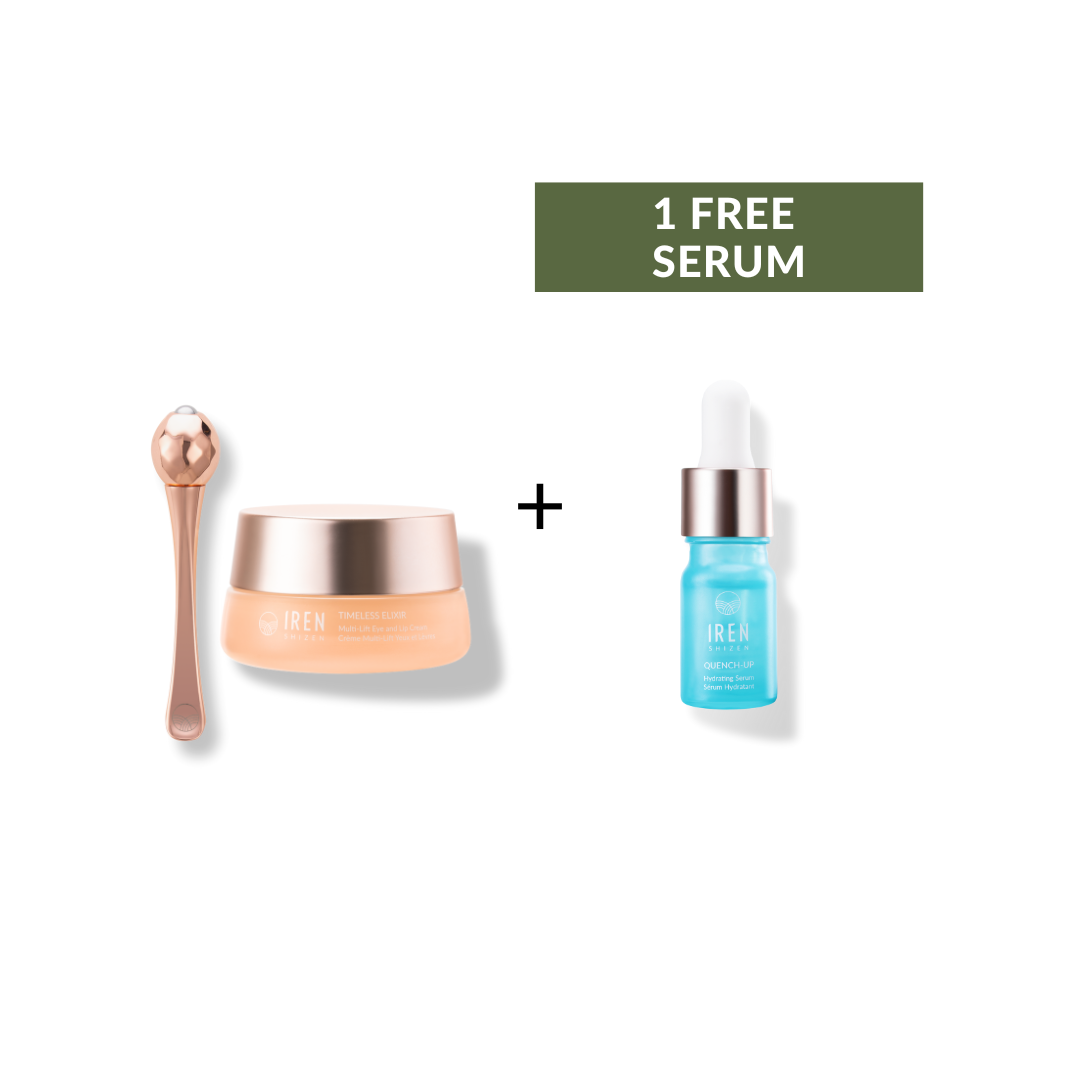 Skincare set featuring a jar of IREN Shizen TIMELESS ELIXIR cream, a metallic facial roller, and a free hydrating serum bottle.