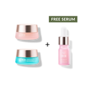 The MOCHI SKIN Instant Glow Travel Set by Fast Bundle includes two Iren Skin jars, one in pink and one in turquoise, plus a dropper bottle of Iren Skin Reset Serum labeled "Free Serum.