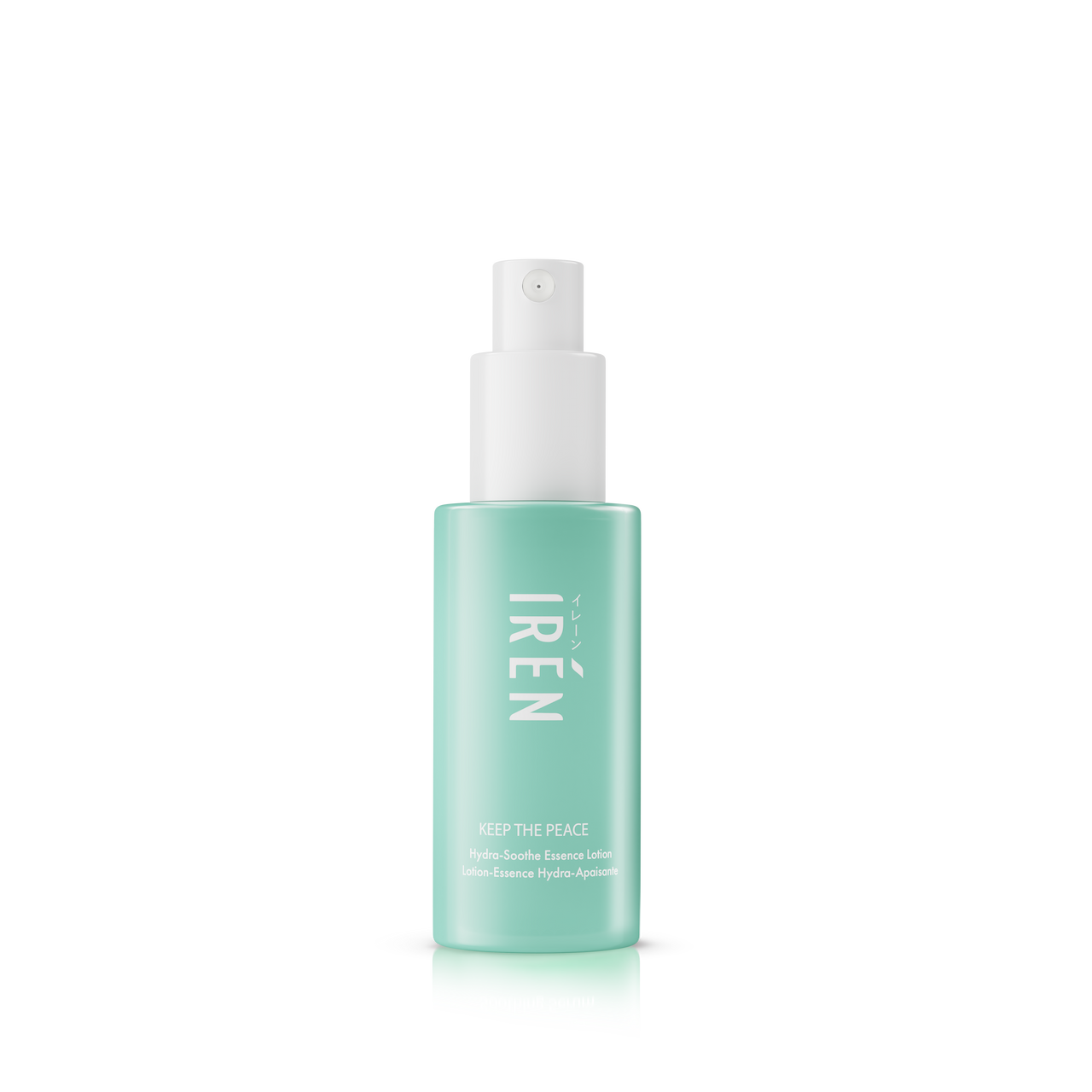 A light teal spray bottle labeled "IREN Shizen" with a white cap contains the "KEEP THE PEACE Hydra-Soothe Essence Lotion," enriched with Centella Asiatica to enhance skin moisture.