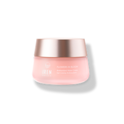 A jar of FLOWERS IN BLOOM Antioxidant Water Cream by IREN Shizen, designed for sensitive skin, featuring a pink container and a metallic cap, isolated on a white background.
