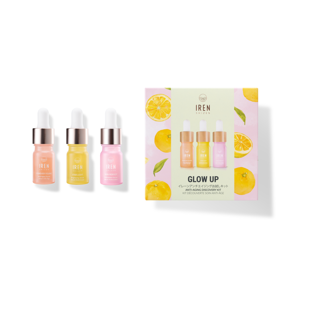 IREN Shizen GLOW UP Anti-Aging Discovery Kit offers Japanese skincare and custom skincare products inspired by onsen skincare.