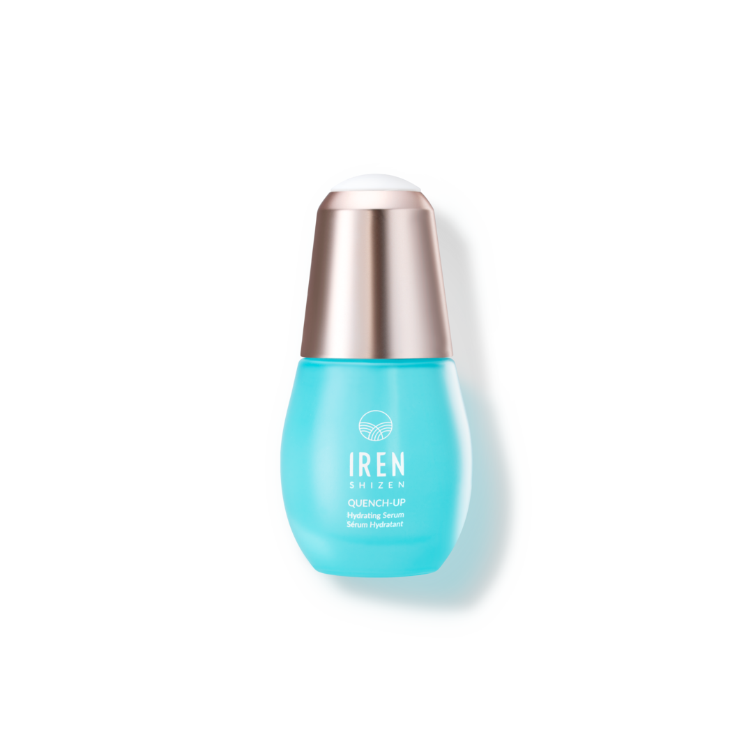 A customized QUENCH-UP Hydrating Serum by IREN Shizen bottle with a blue bottle on a black background.